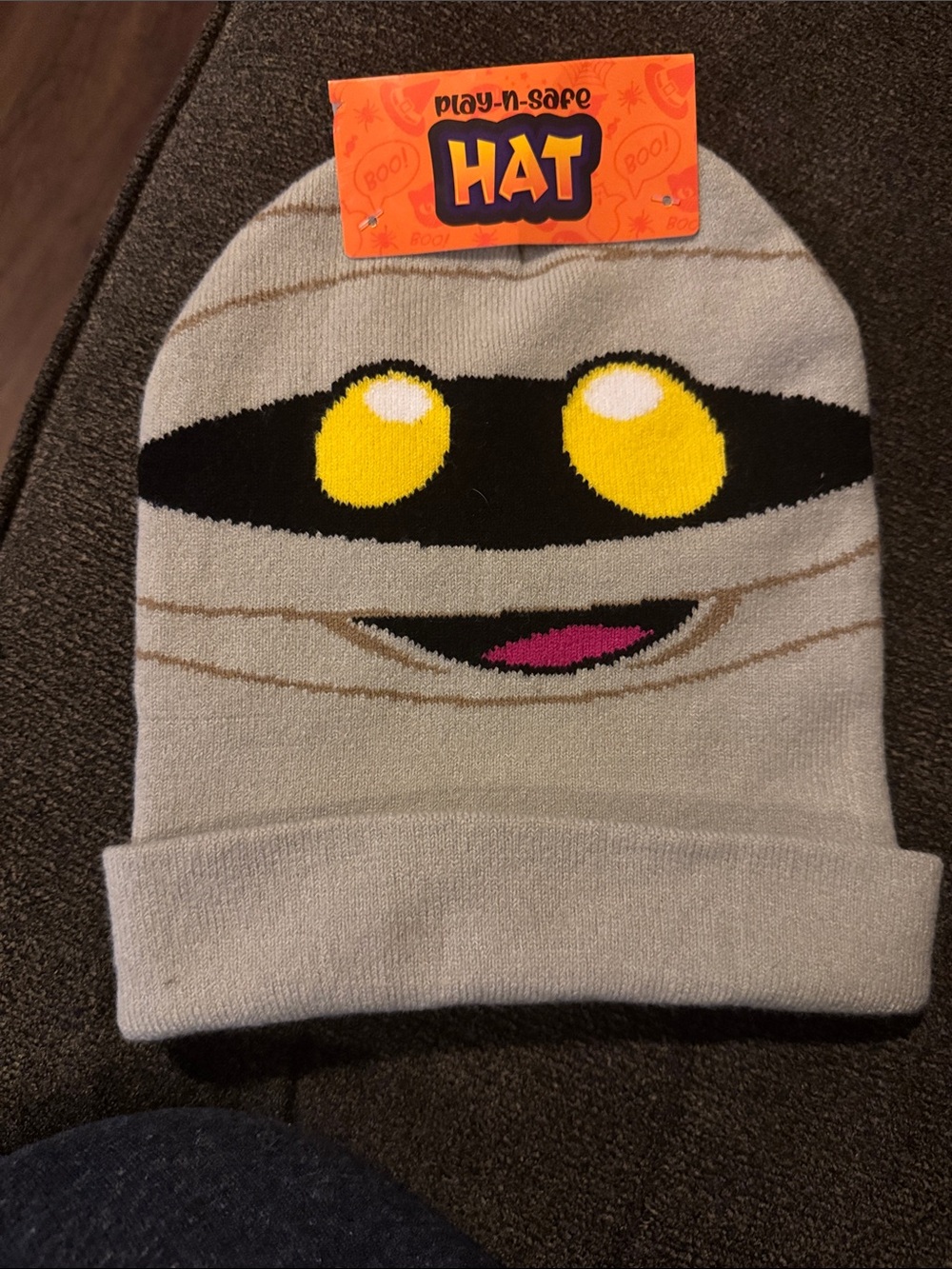 Kids NWT Mummy Beanie Hat - Light Gray with Yellow Eyes